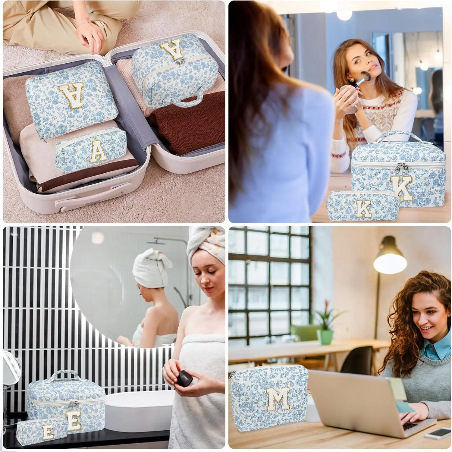 Initial Makeup Bag Set, Personalized Quilted Makeup Bag, Large Floral Cosmetic Bag for Women, Cute Cotton Custom Make up Bags, Flower Travel Toiletry Bag Teen Girl Gift Blue Flower M