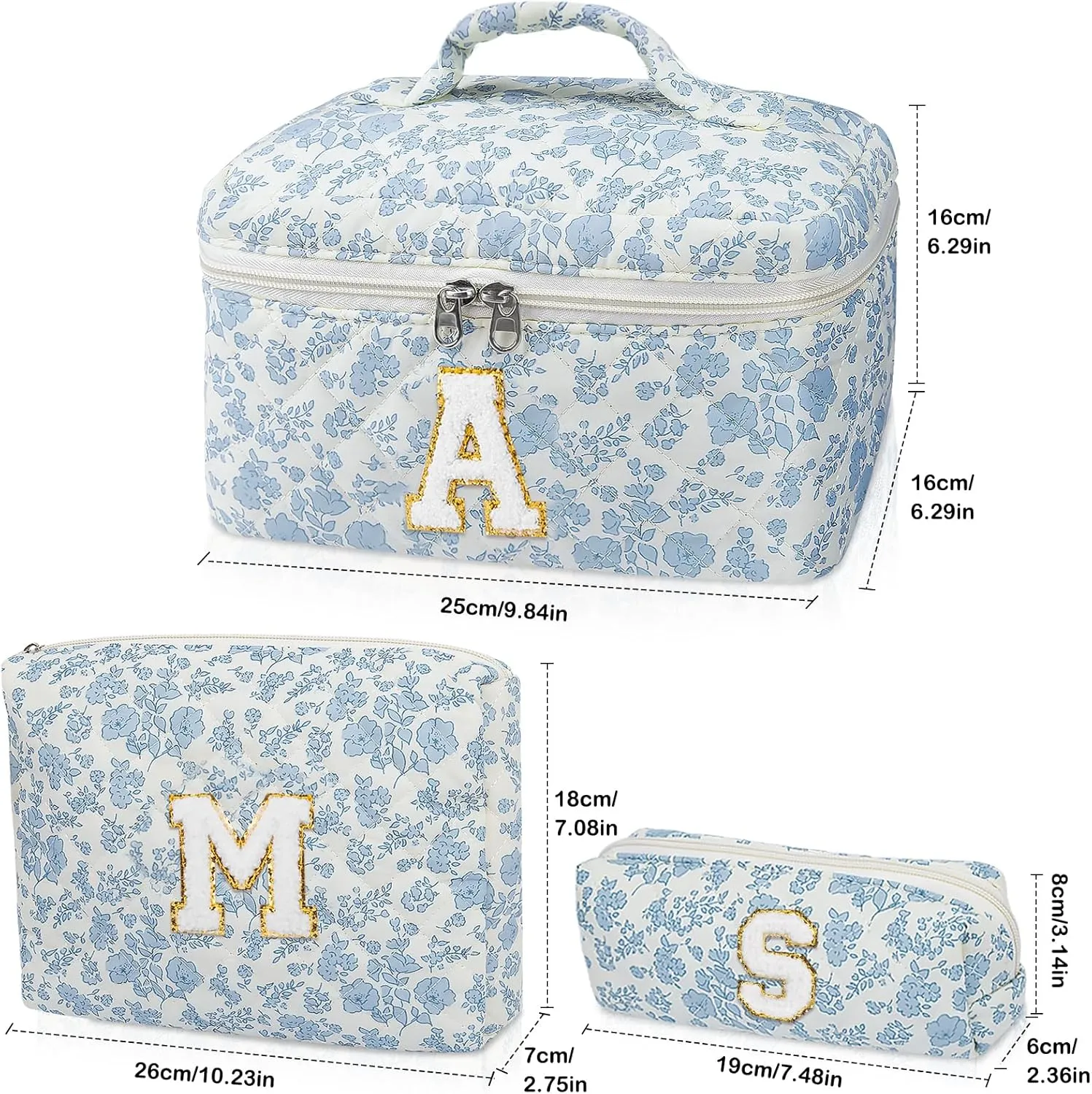 Initial Makeup Bag Set, Personalized Quilted Makeup Bag, Large Floral Cosmetic Bag for Women, Cute Cotton Custom Make up Bags, Flower Travel Toiletry Bag Teen Girl Gift Blue Flower M