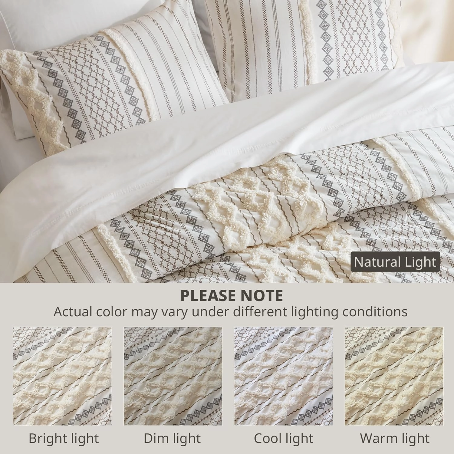 INK IVY Comforter for King Size Bed, Chenille Tufted, Breathable Cotton Comforter Set King, All Season Modern Boho Comforter with Farmhouse Bedding Flare, 2 Matching Shams, King Ivory 3 Piece