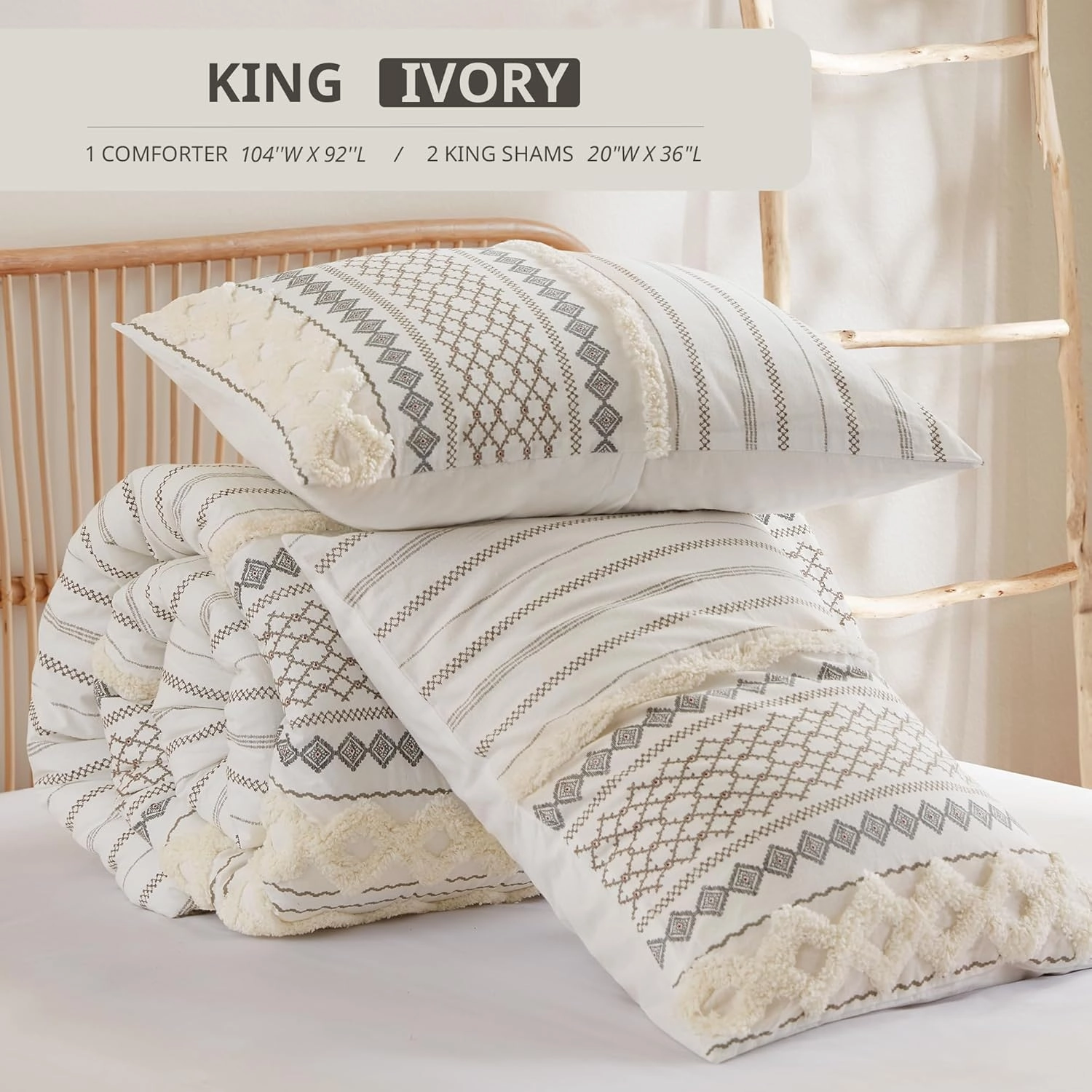 INK IVY Comforter for King Size Bed, Chenille Tufted, Breathable Cotton Comforter Set King, All Season Modern Boho Comforter with Farmhouse Bedding Flare, 2 Matching Shams, King Ivory 3 Piece