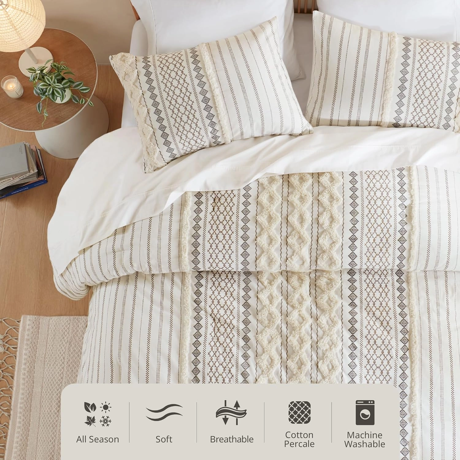 INK IVY Comforter for King Size Bed, Chenille Tufted, Breathable Cotton Comforter Set King, All Season Modern Boho Comforter with Farmhouse Bedding Flare, 2 Matching Shams, King Ivory 3 Piece