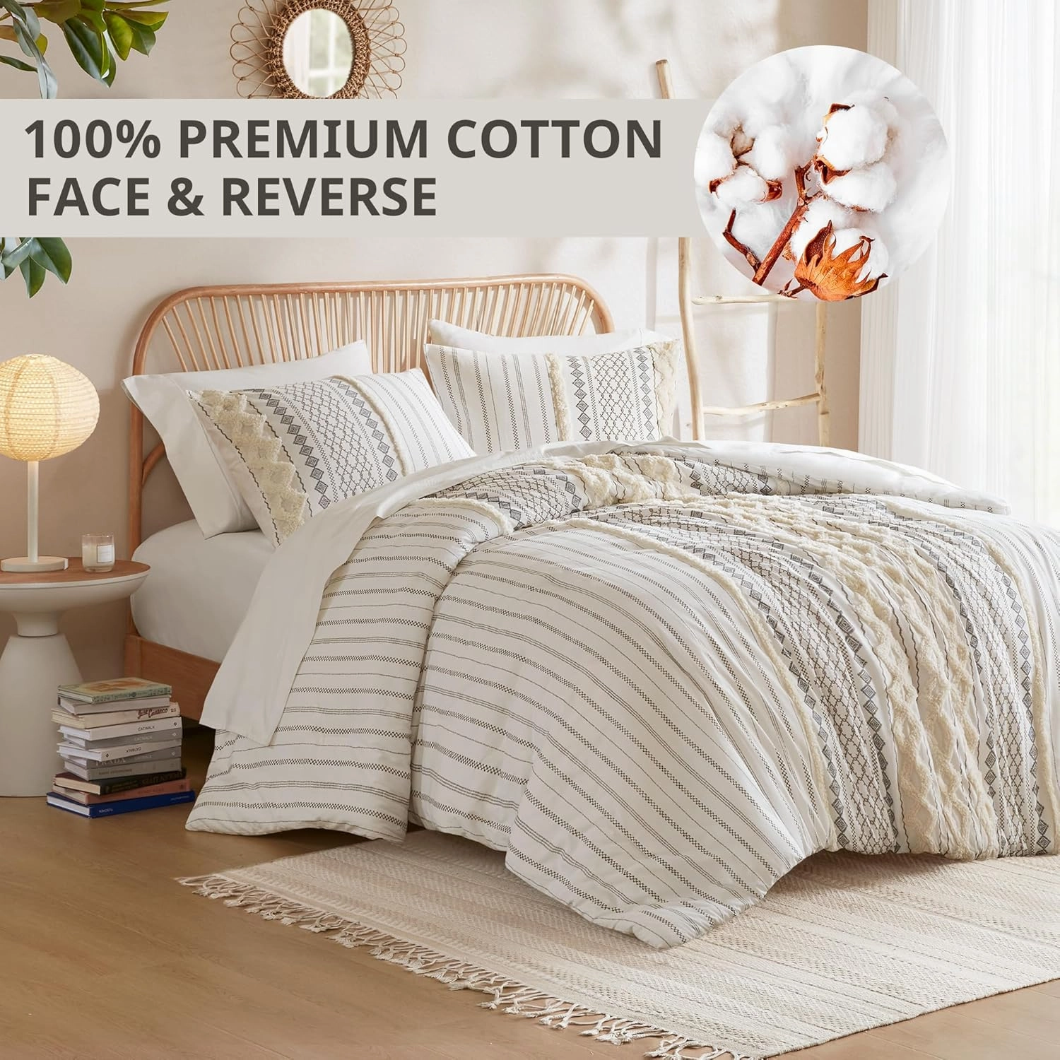 INK IVY Comforter for King Size Bed, Chenille Tufted, Breathable Cotton Comforter Set King, All Season Modern Boho Comforter with Farmhouse Bedding Flare, 2 Matching Shams, King Ivory 3 Piece