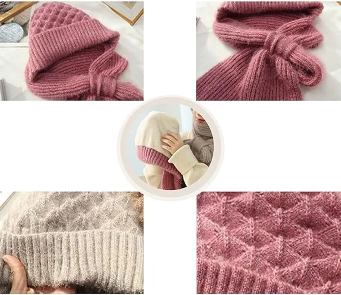 Integrated Ear Protection Windproof Cap & Scarf, 2 in 1 Winter Warm Knitted Hat Scarf Set for Women