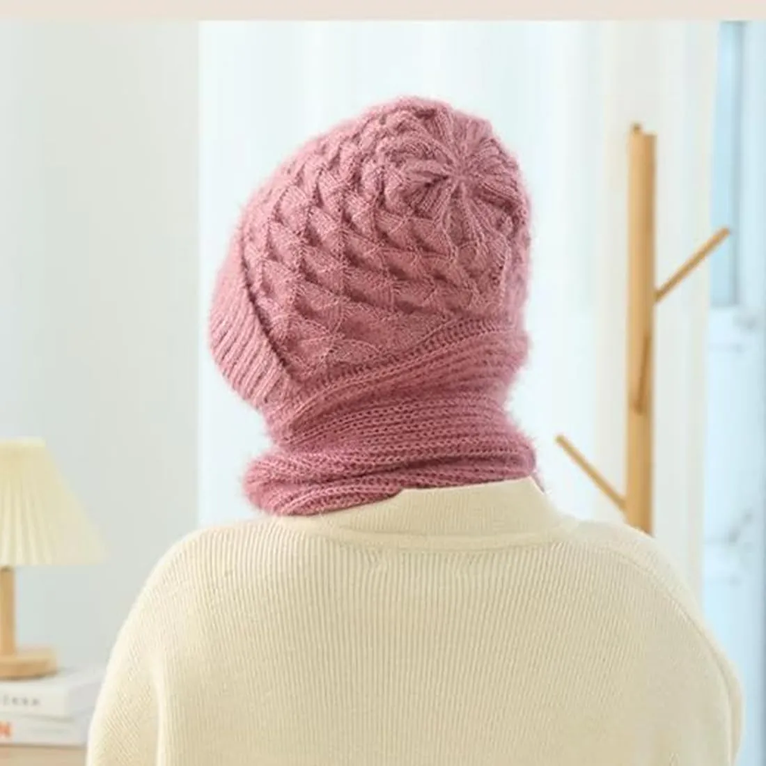 Integrated Ear Protection Windproof Cap & Scarf, 2 in 1 Winter Warm Knitted Hat Scarf Set for Women