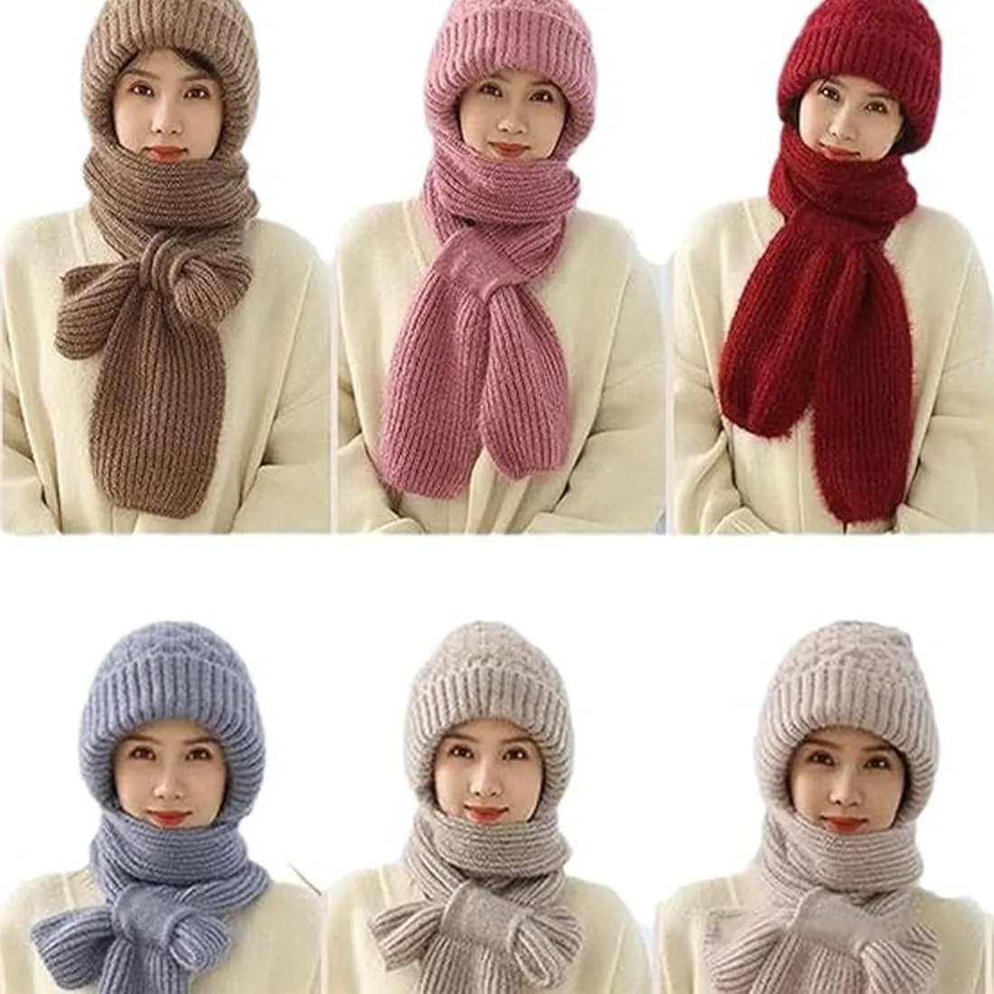 Integrated Ear Protection Windproof Cap & Scarf, 2 in 1 Winter Warm Knitted Hat Scarf Set for Women