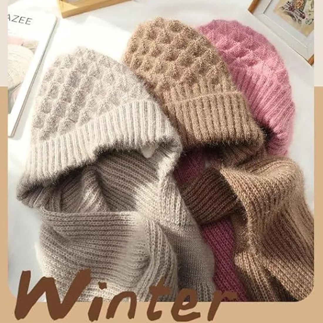 Integrated Ear Protection Windproof Cap & Scarf, 2 in 1 Winter Warm Knitted Hat Scarf Set for Women