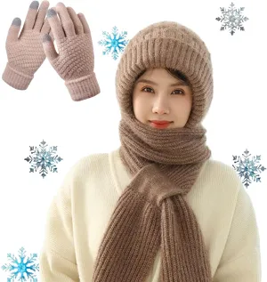 Integrated Ear Protection Windproof Cap & Scarf, 2 in 1 Winter Warm Knitted Hat Scarf Set for Women