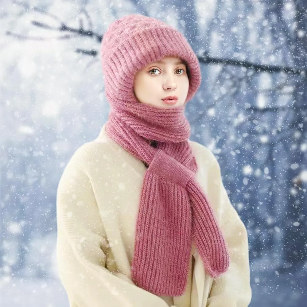 Integrated Ear Protection Windproof Cap and Scarf Set - Knitted Hat for Women Winter Warm Beanie