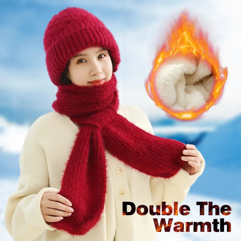 Integrated Ear Protection Windproof Cap and Scarf Set - Knitted Hat for Women Winter Warm Beanie