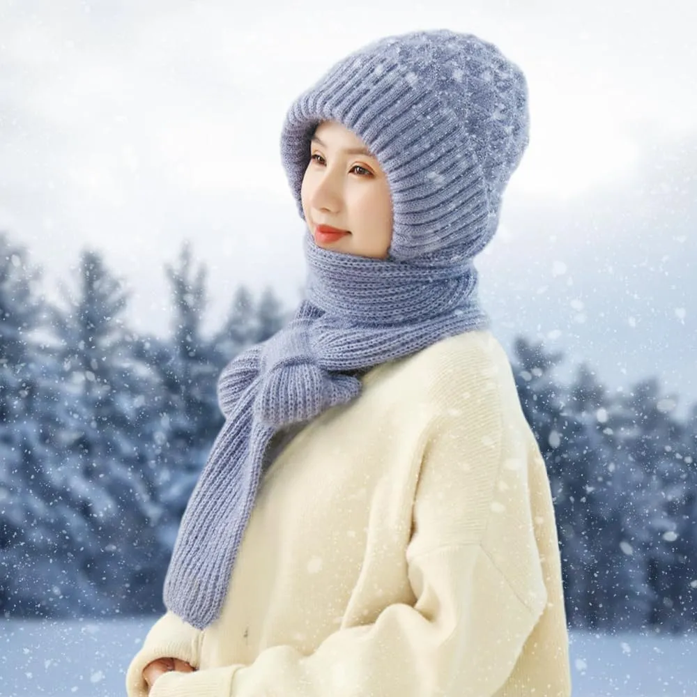 Integrated Ear Protection Windproof Cap and Scarf Set - Knitted Hat for Women Winter Warm Beanie