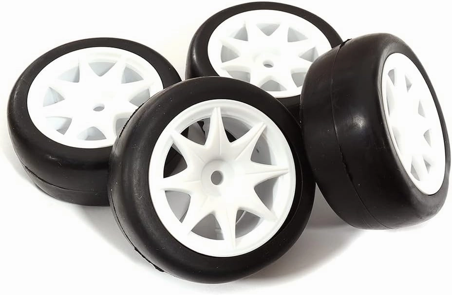 Integy RC Hopups for Tamiya, Plastic 8 Spoke Wheels w/Rubber Slick Tires for 1/10 Mini & Tamiya M-Chassis