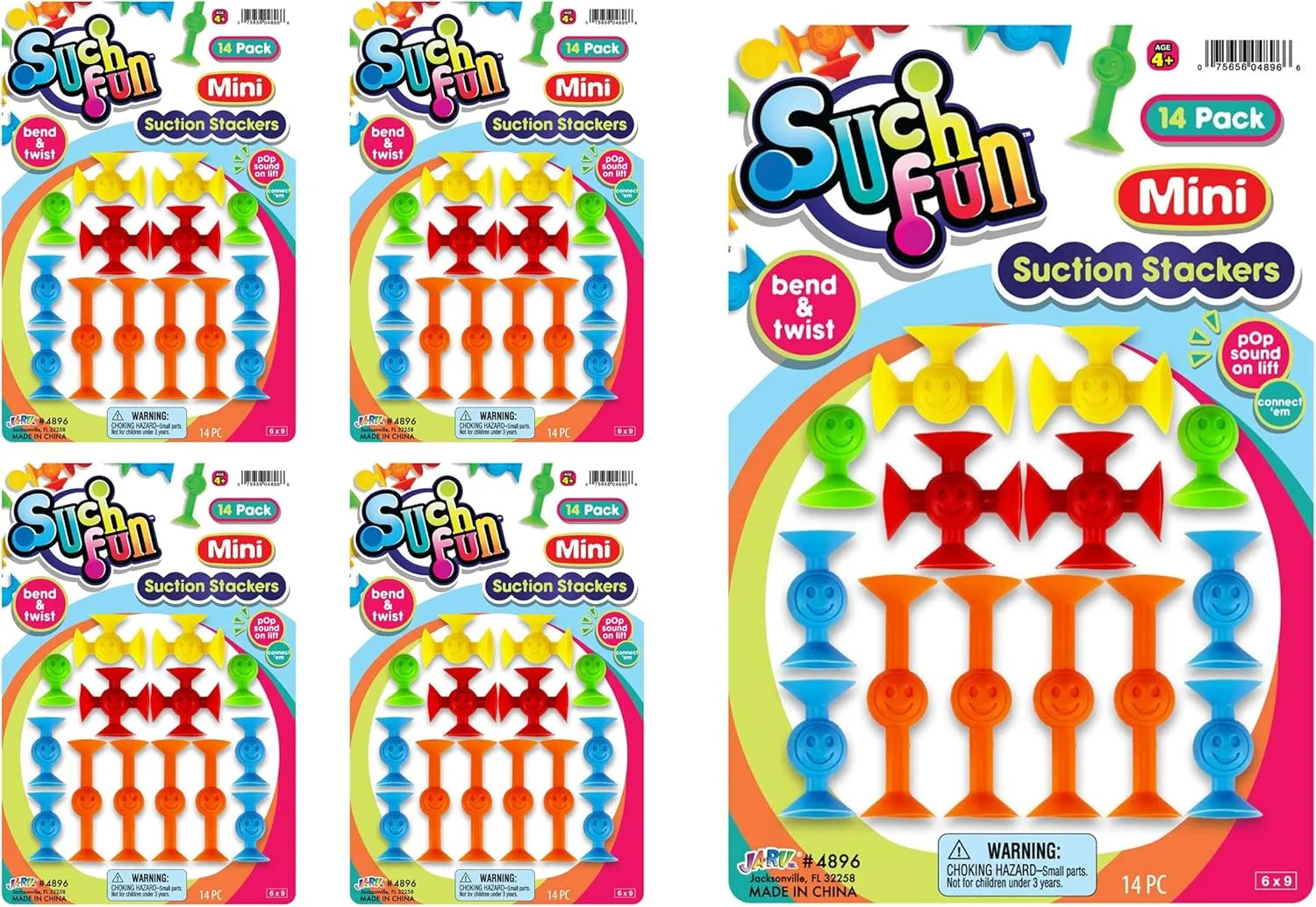 JA-RU Mini Suction Stackers (4 Packs, 14 Pieces Each) – Colorful Suction Cup Toys for Kids Ages 4-8 and Up. Suction Bath Toys. Stress Relief Fidget Toy, Sensory Bin Filler. 4896-4s