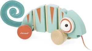 Janod - Tropik Pull-Along Chameleon - Wooden Early-Learning Toy - Silent Wheels - Educational Walking and Balancing Toy - Water-Based Paint - 1 Year   J08264, Green