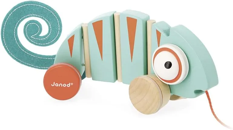 Janod - Tropik Pull-Along Chameleon - Wooden Early-Learning Toy - Silent Wheels - Educational Walking and Balancing Toy - Water-Based Paint - 1 Year   J08264, Green