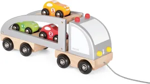 Janod Wooden Multi Car Carrier Truck Pull Toy - Ages 2  - J05603