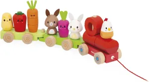 Janod - Wooden Pull-Along Train - Farm Theme - 3 Wagons and 19 Pieces - Early Learning Pull-Along Toy - Wood and Water-Based Paint - Develop Fine Motor Skills - from 12 Months, J03314