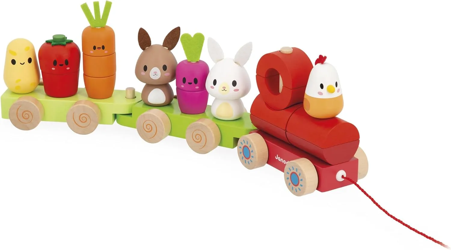 Janod - Wooden Pull-Along Train - Farm Theme - 3 Wagons and 19 Pieces - Early Learning Pull-Along Toy - Wood and Water-Based Paint - Develop Fine Motor Skills - from 12 Months, J03314