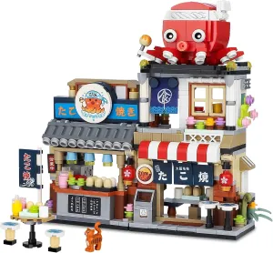 Japanese Street View Takoyaki Shop Mini Building Blocks, MOC Creative Japanese Toys for Girls 6-12 Years Old, 722 Pcs Simulation Architecture Construction Toy, Gift Idea for Kids Adults