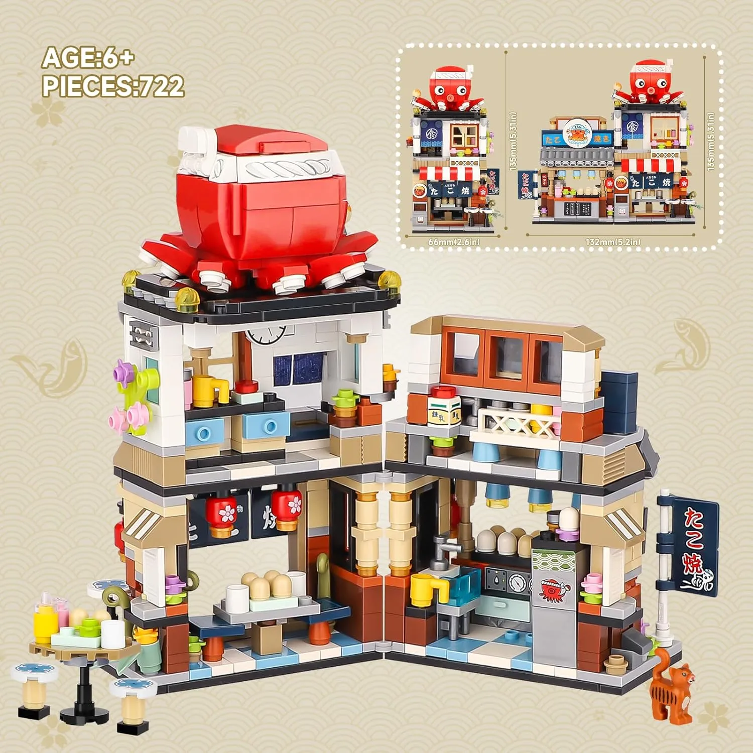 Japanese Street View Takoyaki Shop Mini Building Blocks, MOC Creative Japanese Toys for Girls 6-12 Years Old, 722 Pcs Simulation Architecture Construction Toy, Gift Idea for Kids Adults