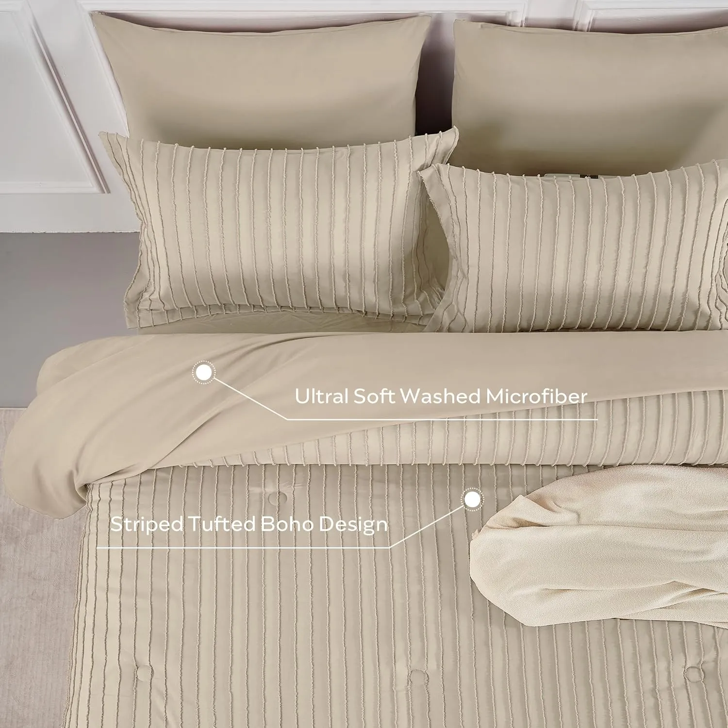 JELLYMONI Queen Comforter Set - 3 Pieces Cream Grey Striped Tufted Bedding Set for All Seasons, Fluffly Comforter (90"x90") with Pillow Shams (20"x26" 2")