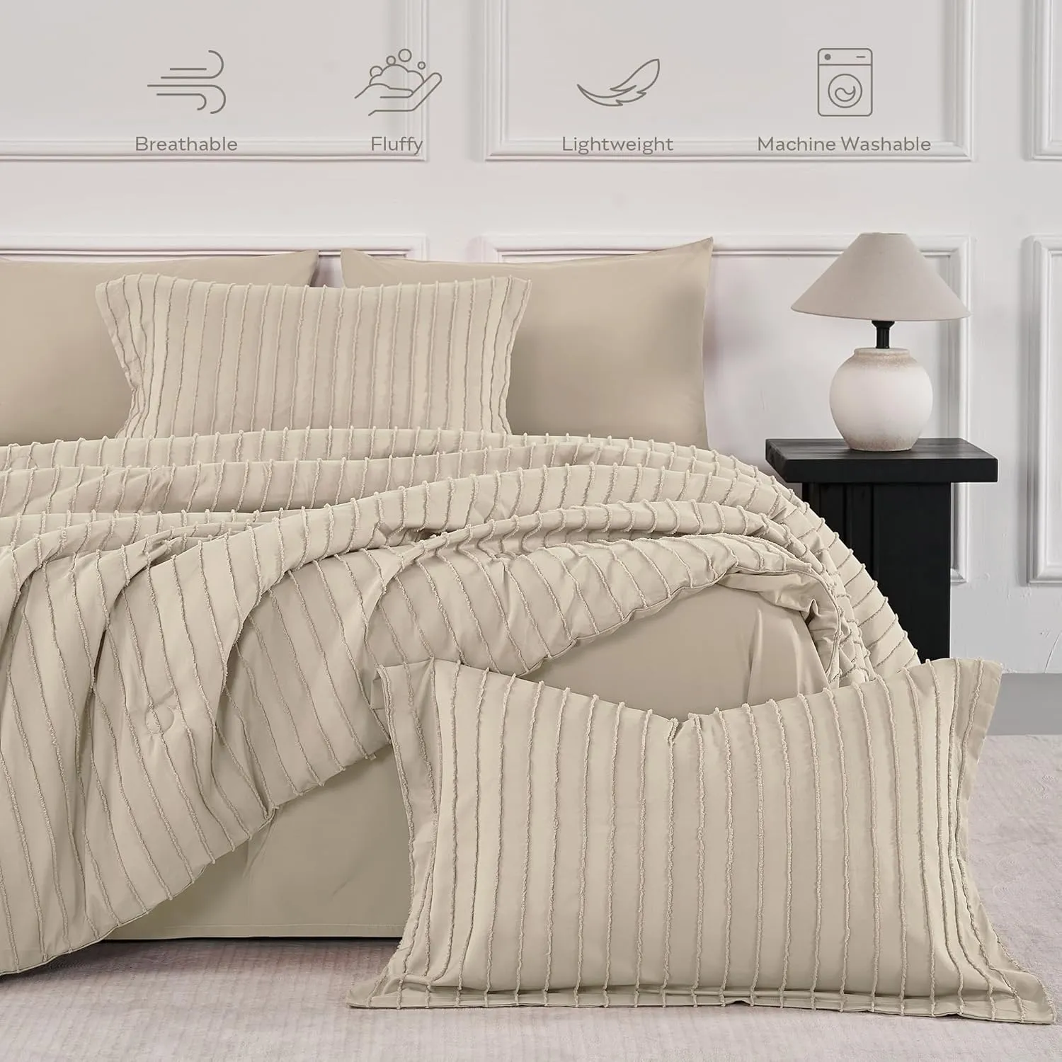 JELLYMONI Queen Comforter Set - 3 Pieces Cream Grey Striped Tufted Bedding Set for All Seasons, Fluffly Comforter (90"x90") with Pillow Shams (20"x26" 2")