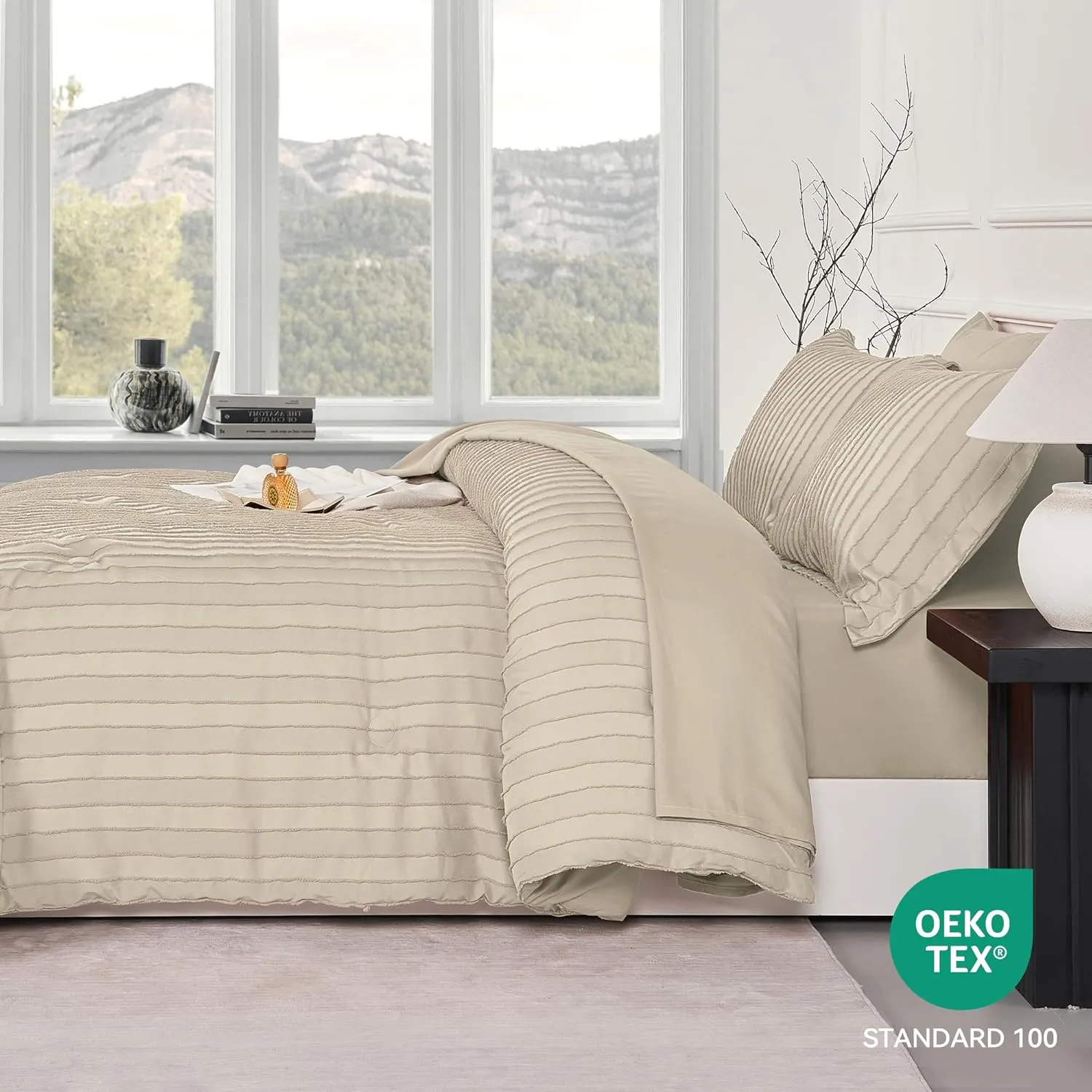JELLYMONI Queen Comforter Set - 3 Pieces Cream Grey Striped Tufted Bedding Set for All Seasons, Fluffly Comforter (90"x90") with Pillow Shams (20"x26" 2")