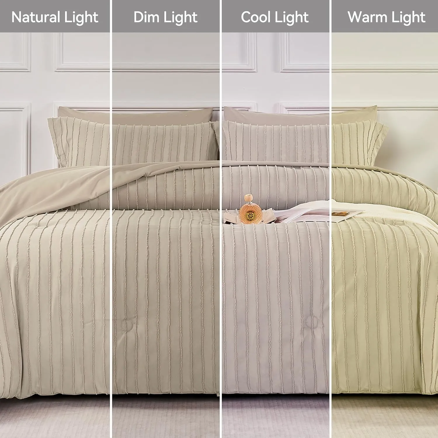 JELLYMONI Queen Comforter Set - 3 Pieces Cream Grey Striped Tufted Bedding Set for All Seasons, Fluffly Comforter (90"x90") with Pillow Shams (20"x26" 2")