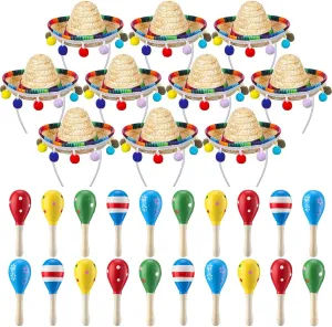 Jexine 30 Pcs Mini Sombrero Fiesta Hats Wooden Fiesta Maracas Set, with 10 Mexican Sombrero Headbands 20 Pcs 4.3 Inch Wooden Fiesta Maracas Mini Sombrero Hats Straw Mexican Sombrero for Kids Dolls