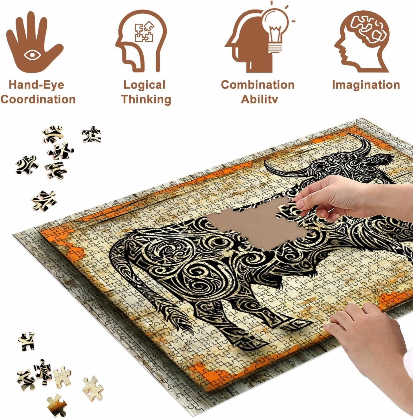 Jigsaw Puzzles 500 Pieces for Adult Aged Wooden Board Highland Cow Art Urban Fantasy Calligraphy Puzzle Game for Family Wooden Puzzle Toy Educational Games Puzzles for Home Decor