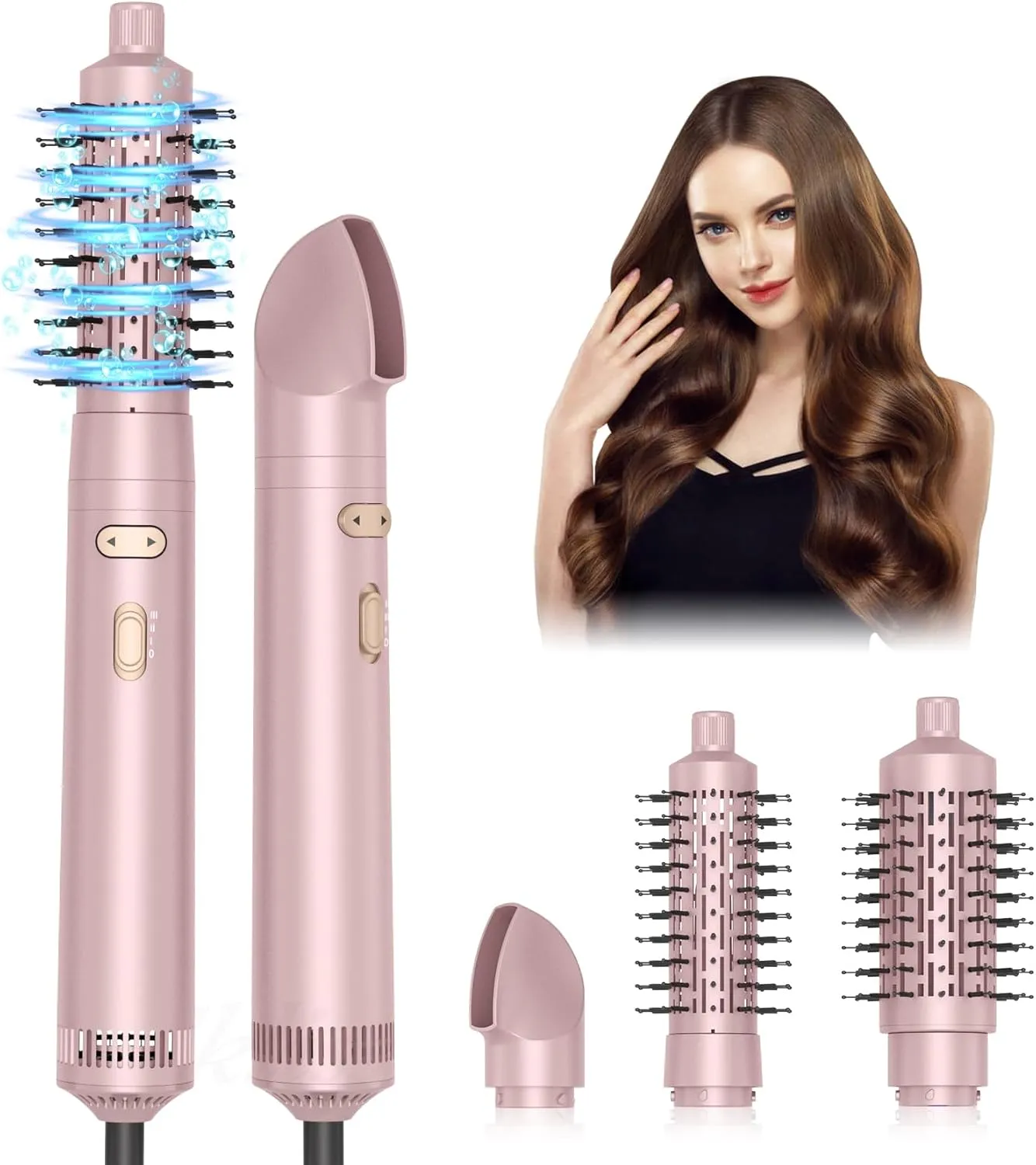 JINYAWA Blow Dryer with 2 Hot Air Brush, Rotating Hair Dryer Brush, Hair Styler with Detachable, Blow Dryer Brush for Fast Drying and Curling Volumizing Without Heat Damage, Less Frizz,Pink