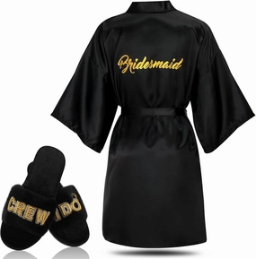 Jiuguva 3 Pcs Bride Robe and Slippers Bridesmaid Satin Bridal Shower Gift for Wedding Day Bachelorette Party M Style