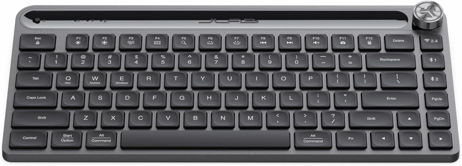 JLab Epic Mini Wireless Keyboard, Black, 108 Keys, Connect Via Bluetooth or USB Wireless Dongle, Multi-Device Toggle, Soft Touch Keys, Smart Media Knob, Custom User Profiles, Rechargeable (1 Pack)