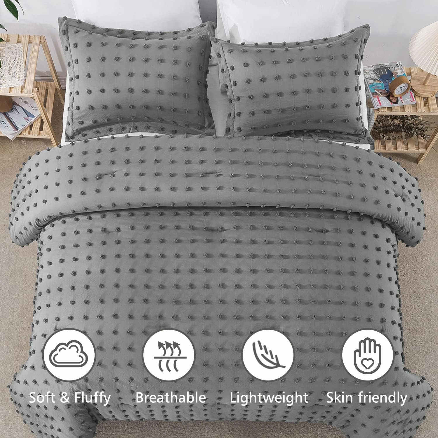 JML King Size Comforter Set, 3 Pieces Jacquard Tufted Dot Comforter Set with 2 Pillowcases - Soft Comfort Bedding Comforter Set All Season Home Bedroom, Dark Grey
