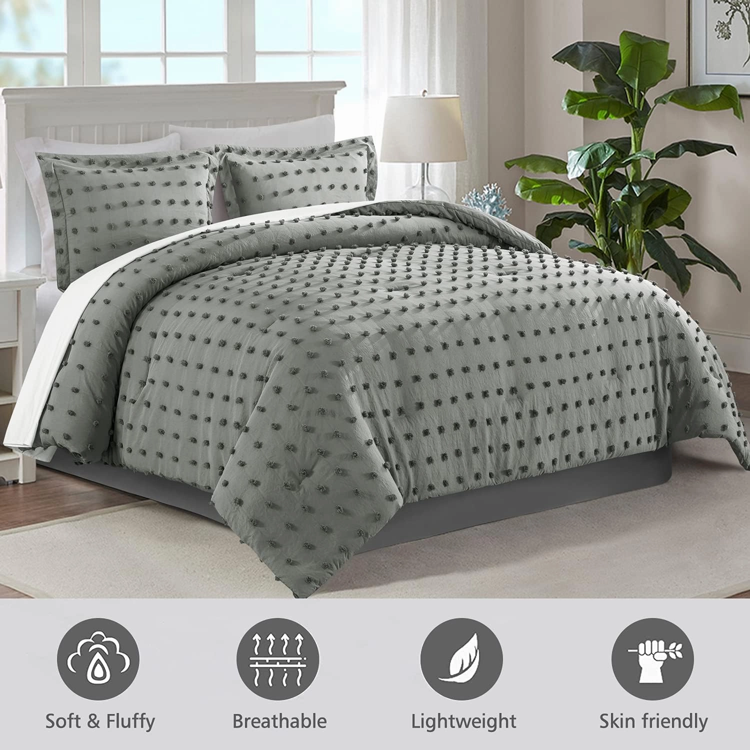 JML King Size Comforter Set, 3 Pieces Jacquard Tufted Dot Comforter Set with 2 Pillowcases - Soft Comfort Bedding Comforter Set All Season Home Bedroom, Dark Grey