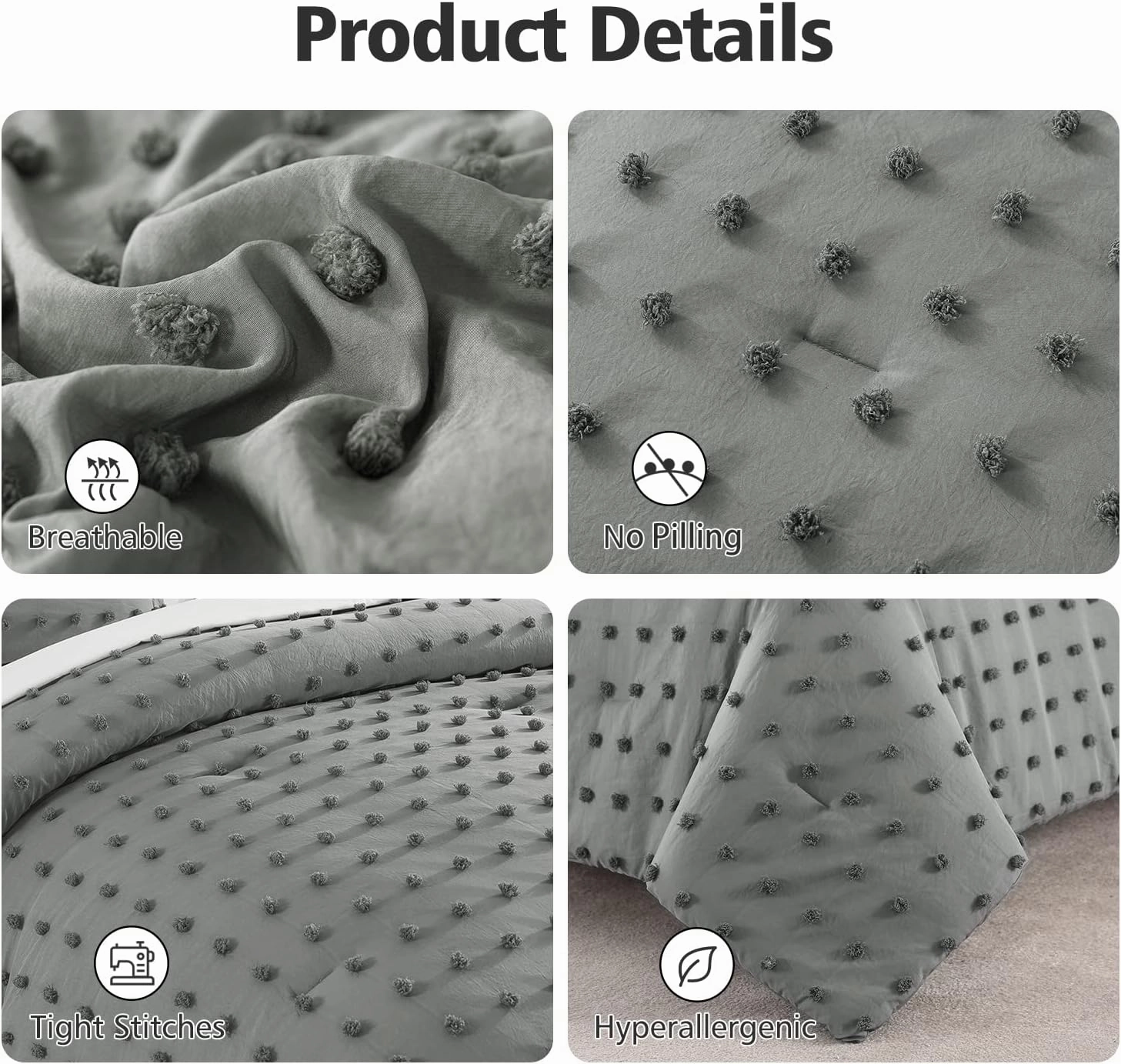 JML King Size Comforter Set, 3 Pieces Jacquard Tufted Dot Comforter Set with 2 Pillowcases - Soft Comfort Bedding Comforter Set All Season Home Bedroom, Dark Grey