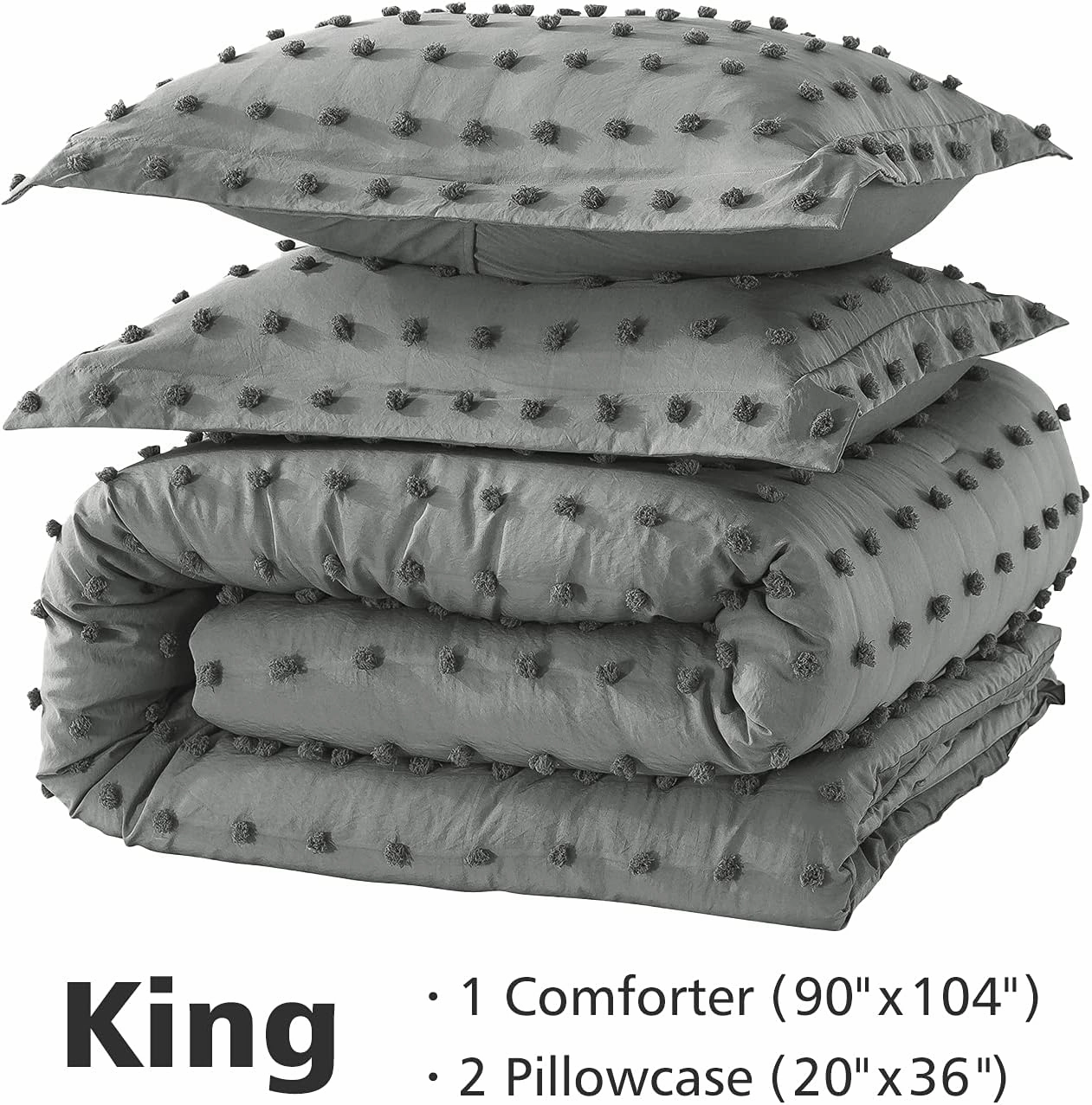 JML King Size Comforter Set, 3 Pieces Jacquard Tufted Dot Comforter Set with 2 Pillowcases - Soft Comfort Bedding Comforter Set All Season Home Bedroom, Dark Grey