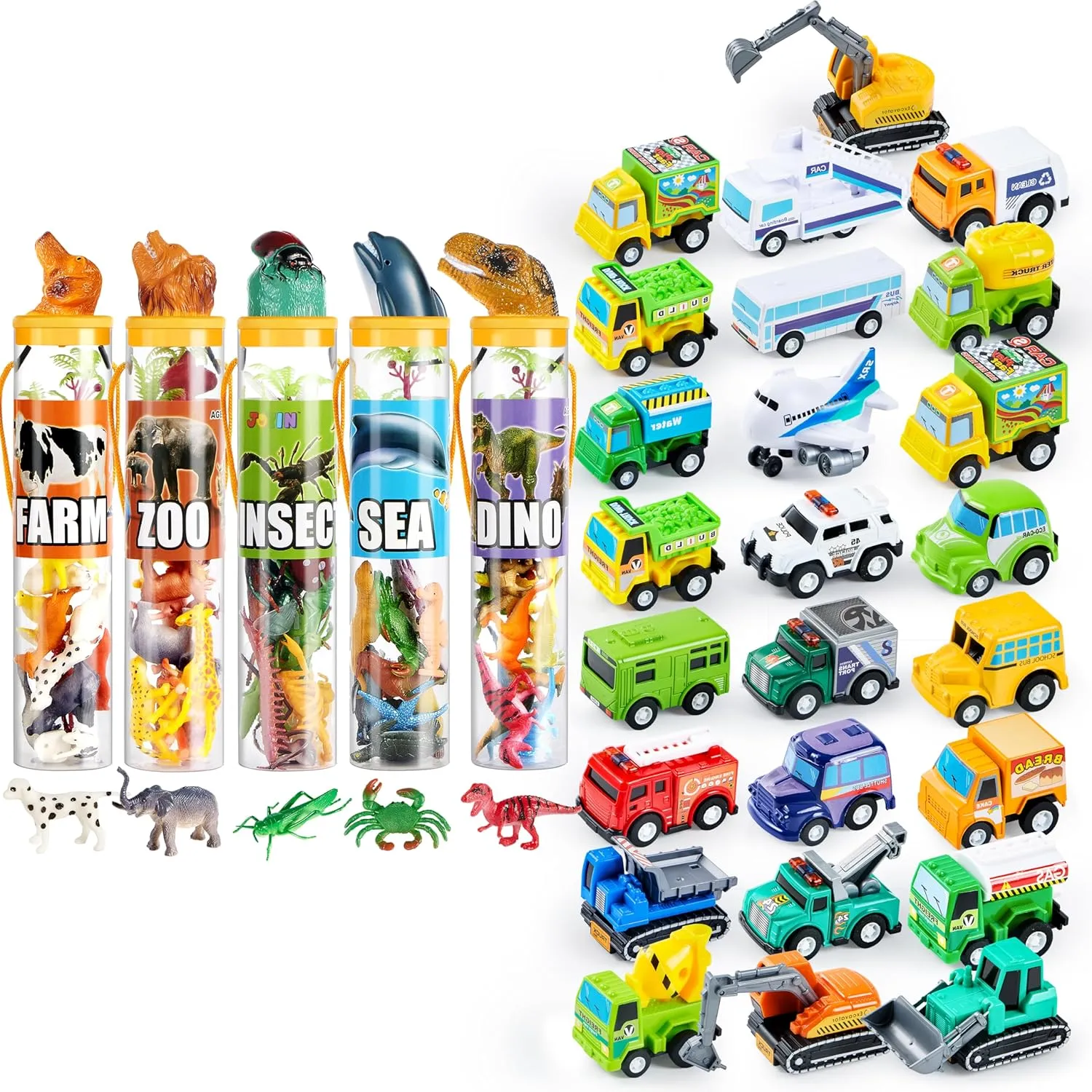 JOYIN 69Pcs Small Animal Figures, Assorted Mini Plastic Animal Toy (Ocean, Zoo, Farm, Dinosaur, Insect) and 25-Piece Pull Back Cars and Trucks Toy Vehicles Set for Toddlers