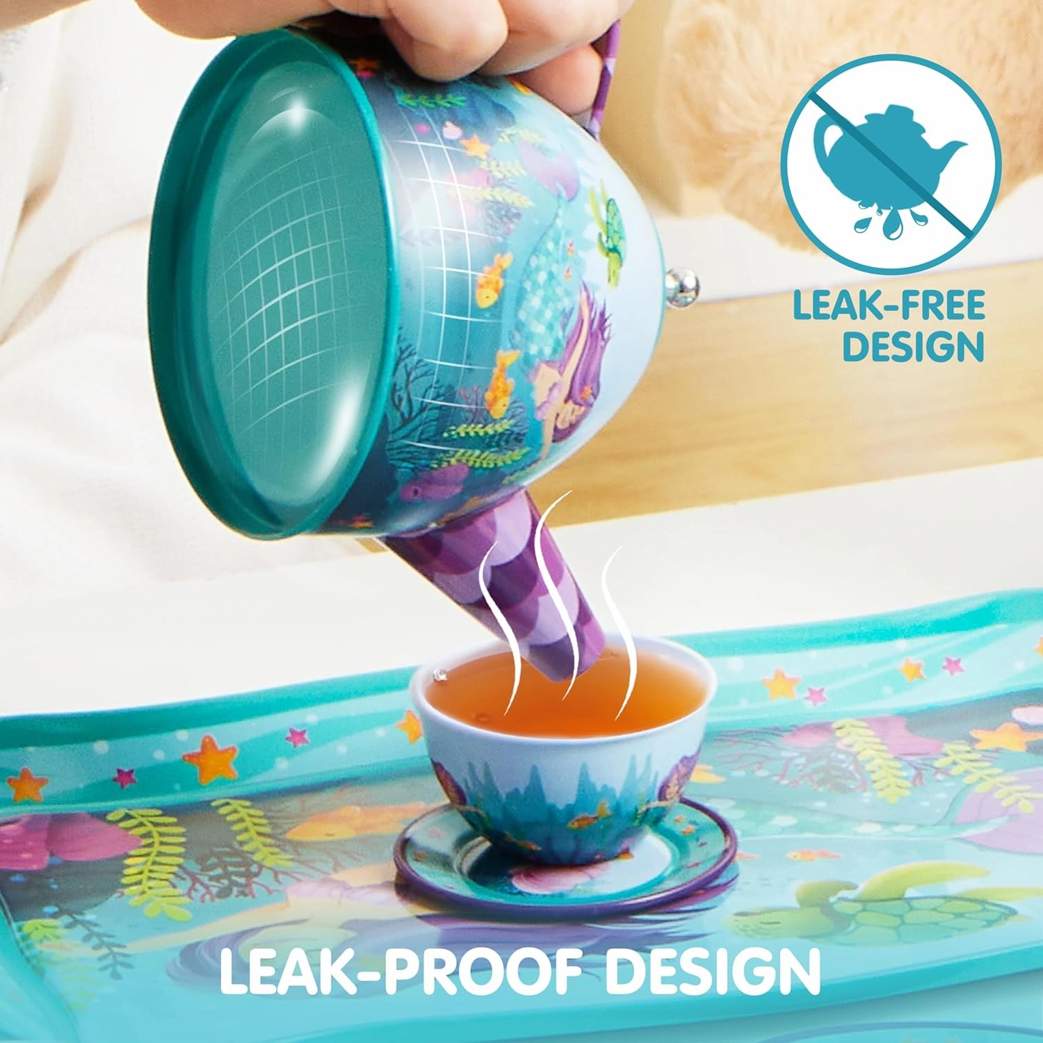 JOYIN Mermaid Tea Set for Toddlers Tea Party Set for Children Kids Pretend Role Play Tin Teapot Set with Cups, Plates and Carrying Case Kitchen Toy for Little Girls Birthday Gifts Age 3 4 5 6