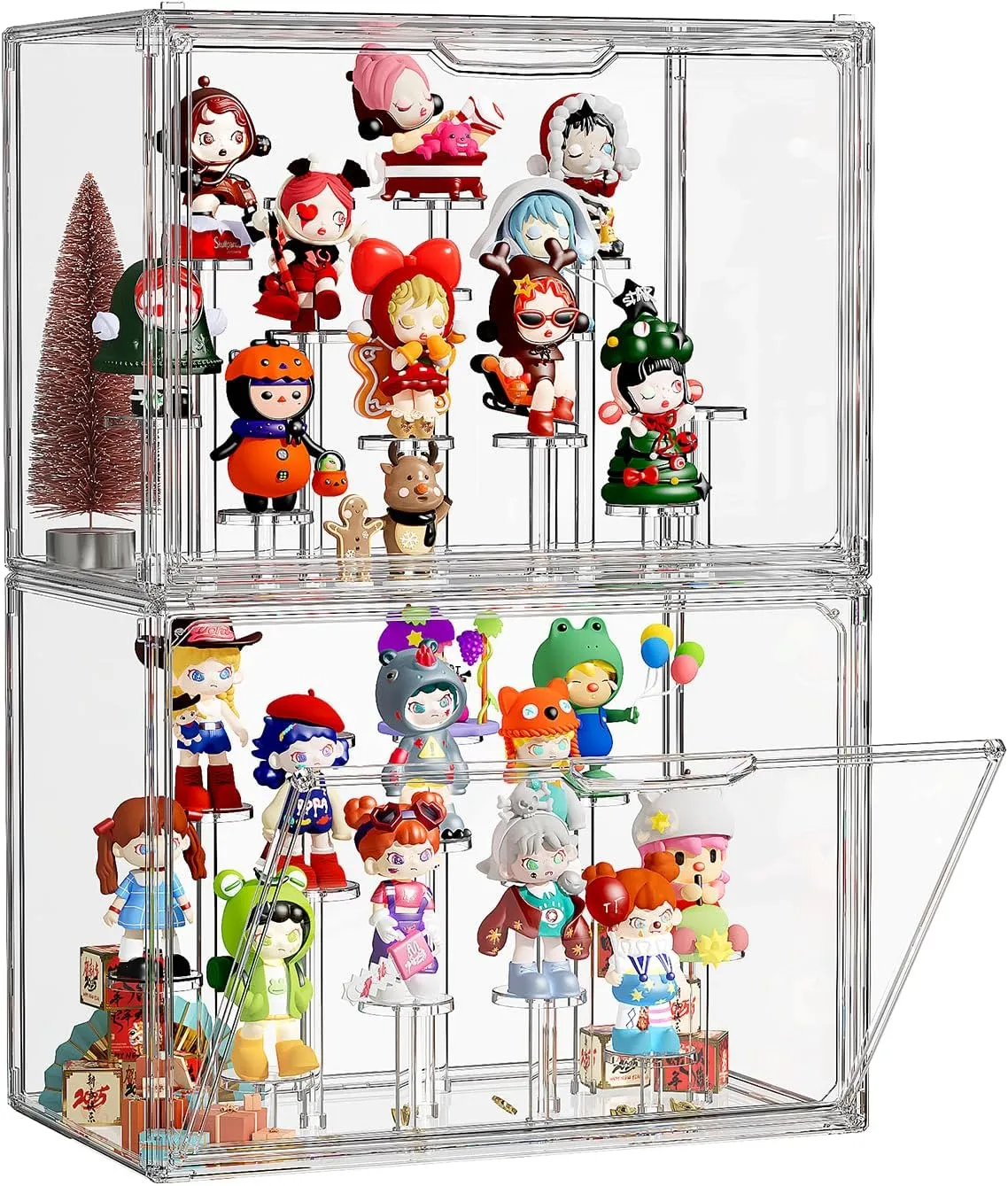 JOYZAN Acrylic Display Case 2 Pack Display Boxes for Collectibles, Figure Display Case with Magnetic Door, Stackable Clear Box with Moveable Cylindrical Modules for Popmart, Funko, Hobby, Doll