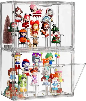 JOYZAN Acrylic Display Case 2 Pack Display Boxes for Collectibles, Figure Display Case with Magnetic Door, Stackable Clear Box with Moveable Cylindrical Modules for Popmart, Funko, Hobby, Doll