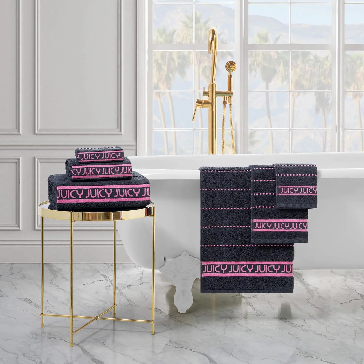 Juicy Couture Luxurious Plush Stripe 6-Piece Set - Black 100% Cotton Bath Towel Set - Soft and Stylish for Ultimate Comfort and Elegance