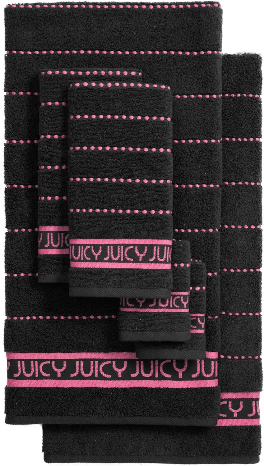 Juicy Couture Luxurious Plush Stripe 6-Piece Set - Black 100% Cotton Bath Towel Set - Soft and Stylish for Ultimate Comfort and Elegance