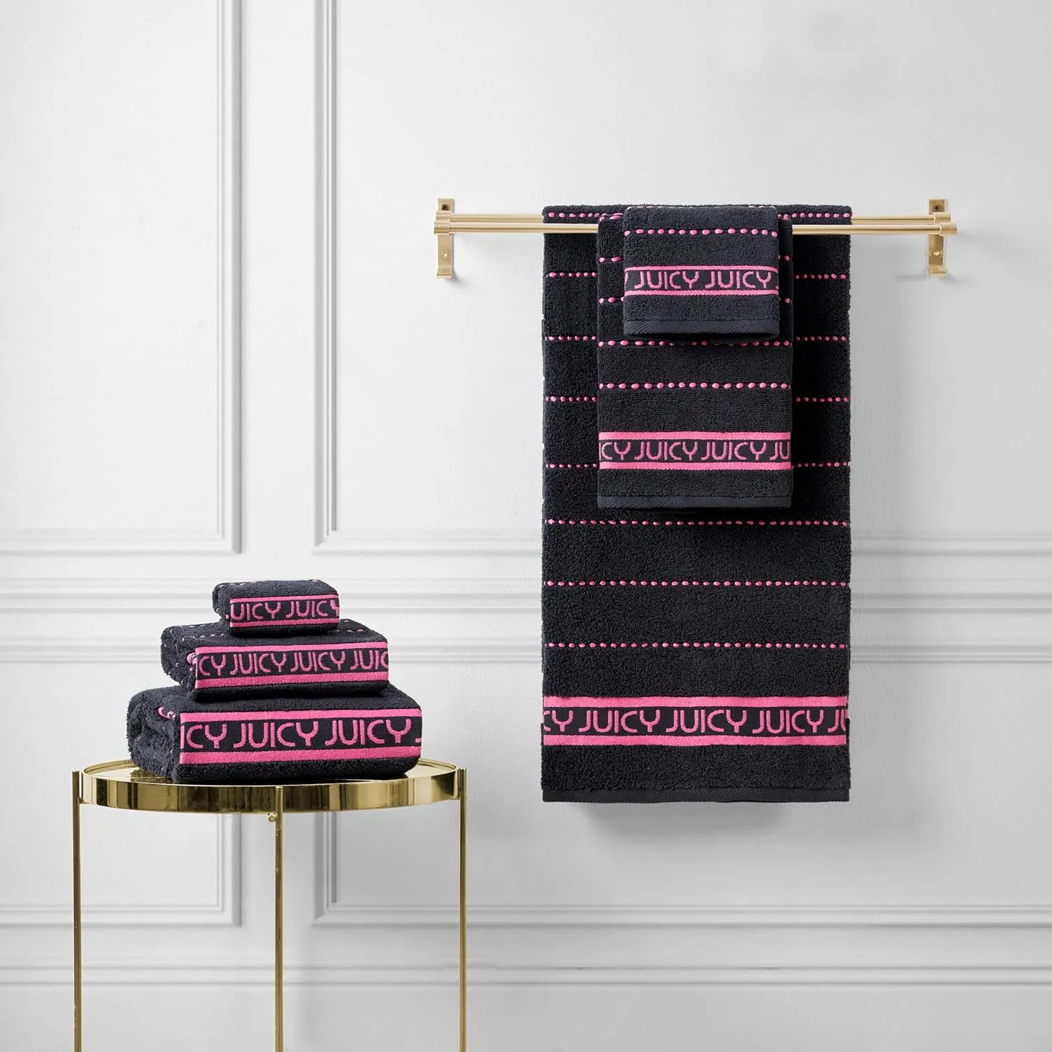 Juicy Couture Luxurious Plush Stripe 6-Piece Set - Black 100% Cotton Bath Towel Set - Soft and Stylish for Ultimate Comfort and Elegance