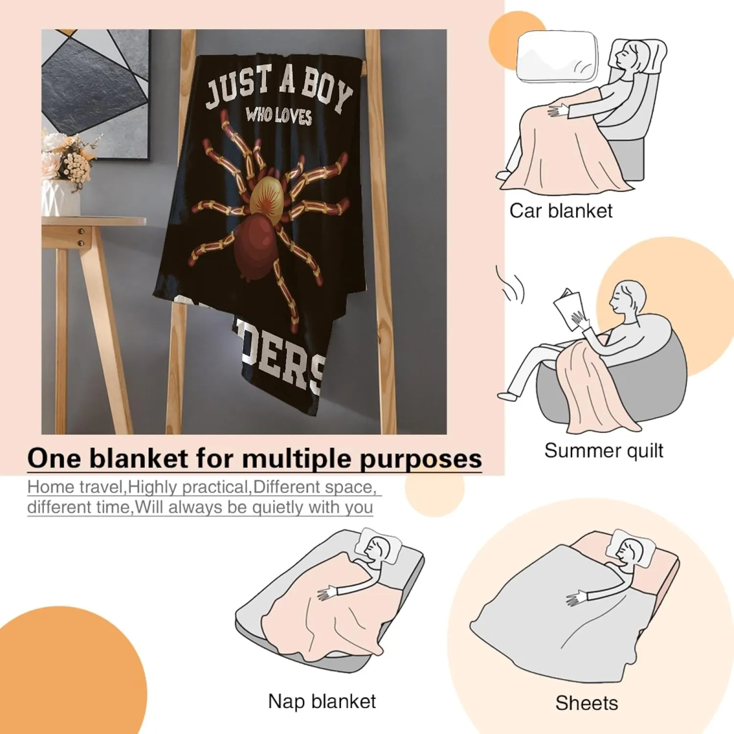 Just A Boy Who Loves Spiders Blanket Lightweight Cozy Flannel Fleece Throw Blanket Best Gift Home Decor for Bed Couch Outdoor Camping 60"x50" M for Teens