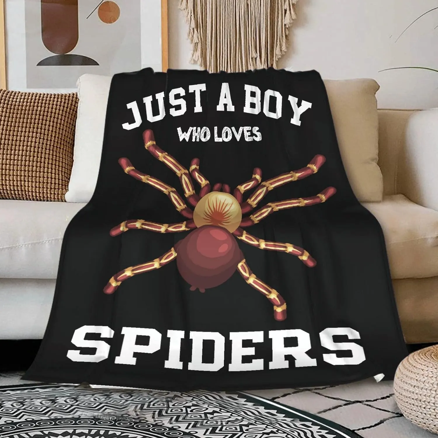 Just A Boy Who Loves Spiders Blanket Lightweight Cozy Flannel Fleece Throw Blanket Best Gift Home Decor for Bed Couch Outdoor Camping 60"x50" M for Teens