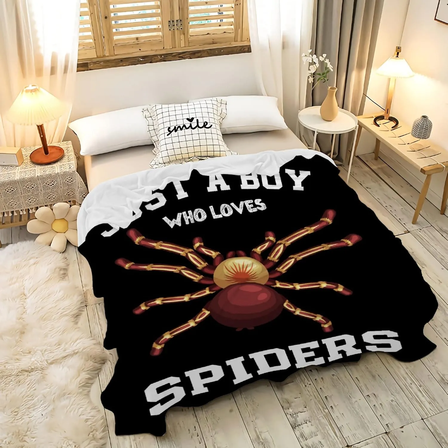 Just A Boy Who Loves Spiders Blanket Lightweight Cozy Flannel Fleece Throw Blanket Best Gift Home Decor for Bed Couch Outdoor Camping 60"x50" M for Teens