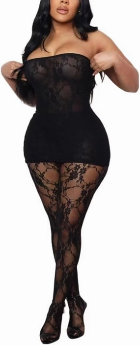 Kafiloe Sexy 2 Piece Outfits for Women Clubwear Lace Tube Mini Dress Top with Stockings Set Birthday Outfits