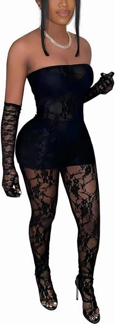 Kafiloe Sexy 2 Piece Outfits for Women Clubwear Lace Tube Mini Dress Top with Stockings Set Birthday Outfits