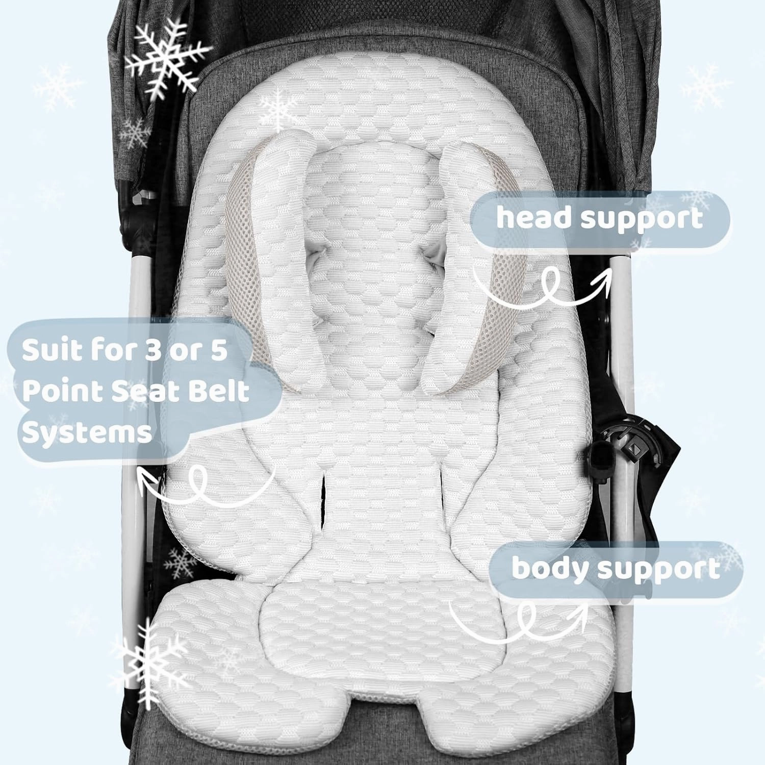 KAKIBLIN Infant Car Seat Insert for Baby,Cooling Pad Cooler Pad,Baby Head Support with Head Pillow, Breathable Fabric Cooling Cushion Liner Fits Strollers, Car Seat, High Chair, Bassinet, Swing
