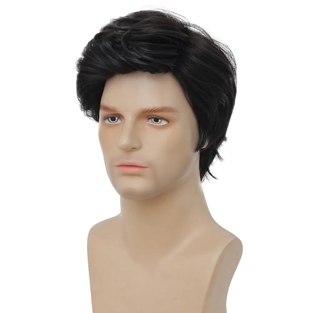 Kaneles Men Black Short Wigs Natural Layered Fluffy Synthetic Wig for Daily Halloween Male Wigs(Black)